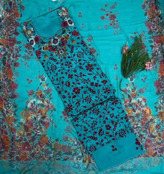 Crepe Sea Green Suit Fabric / Phoolon Ka Ghar