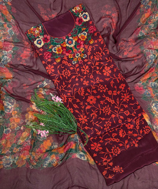 Crepe Dark Wine Witth Orange Suit Fabric / Phoolon Ka Ghar