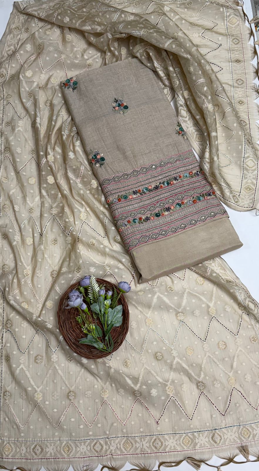 Pure Maheshwari Skin Beige Suit Fabric / Maheshwari Suits