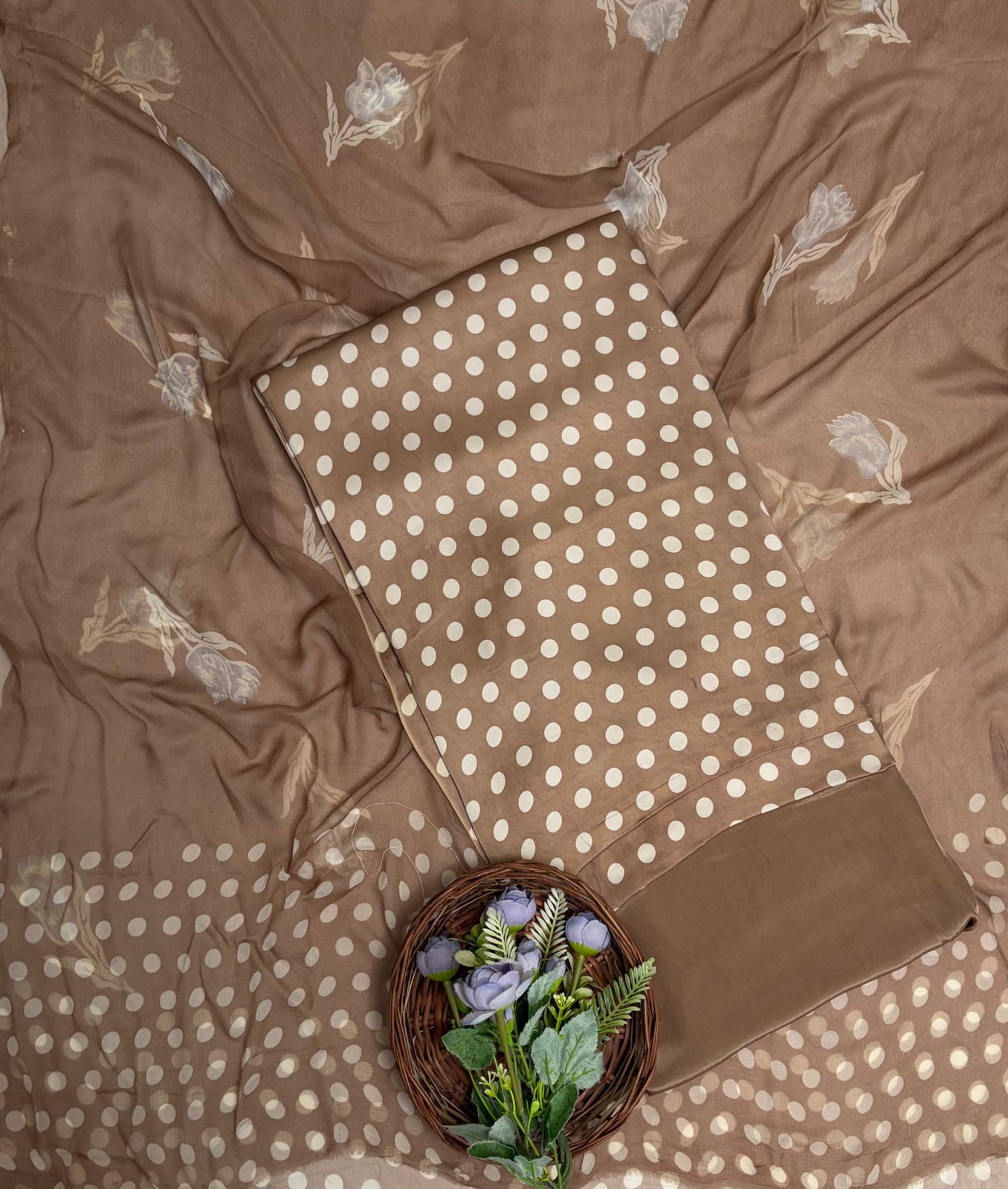 Satin Polka Light Brown Suit Fabric/ Polka Story