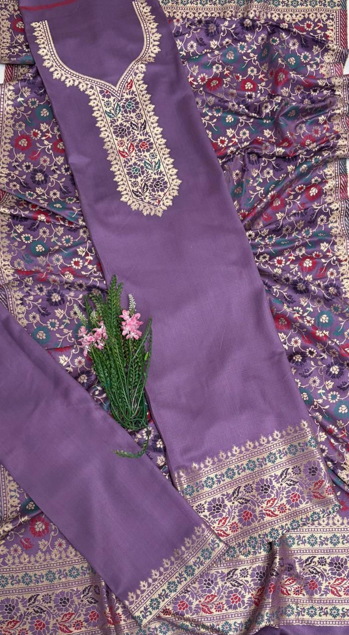 Banarasi Pashmina Lilac Suit Fabric/ Winter Suits