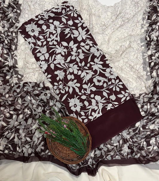 Crepe Brown Suit Fabric / Phoolon Ka Ghar