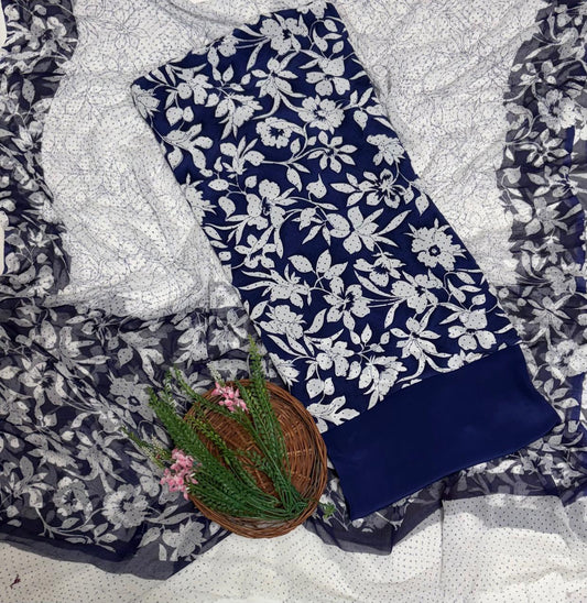 Crepe Navy Blue Suit Fabric / Phoolon Ka Ghar