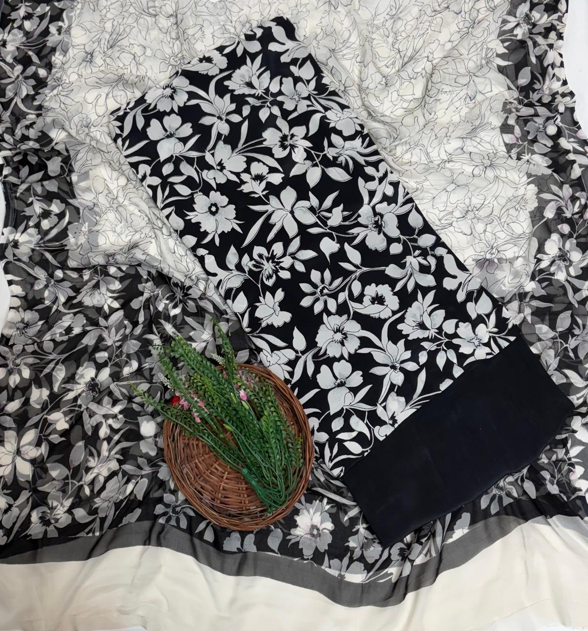 Crepe Black Suit Fabric / Phoolon Ka Ghar