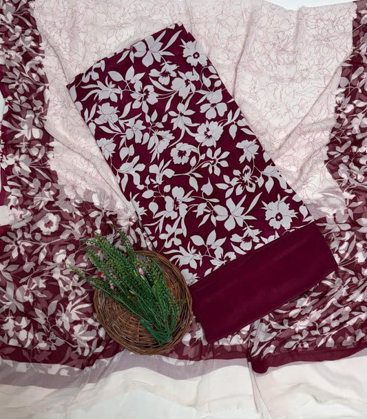 Crepe Wine Suit Fabric / Phoolon Ka Ghar