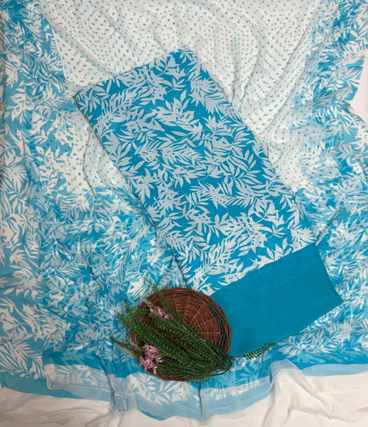 Crepe Sky Blue Suit Fabric / Phoolon Ka Ghar