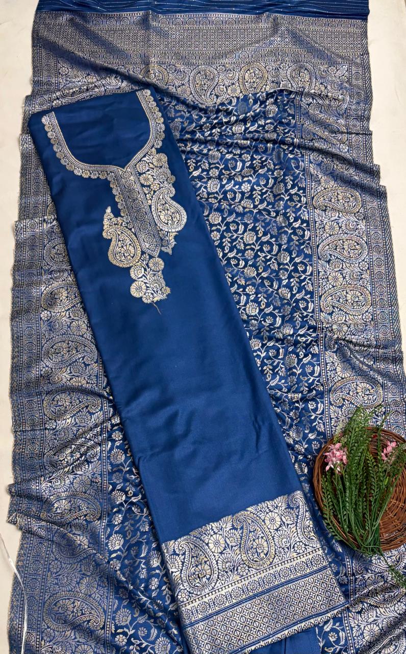 Banarasi Pashmina Blue Suit Fabric/ Winter Suits