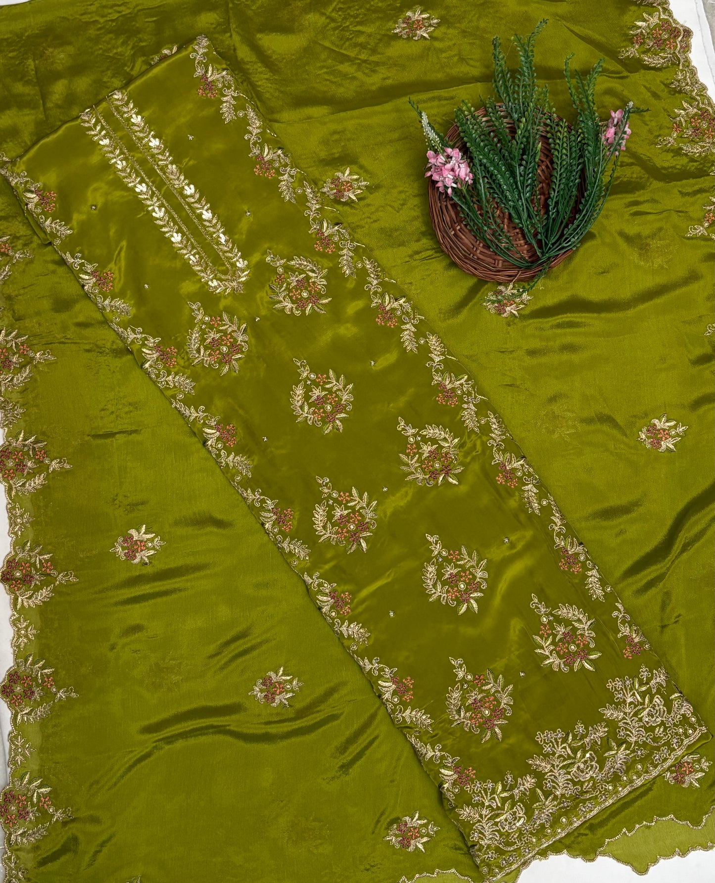 Crepe Mehndi Green Suit Fabric / Karwachauth Collection