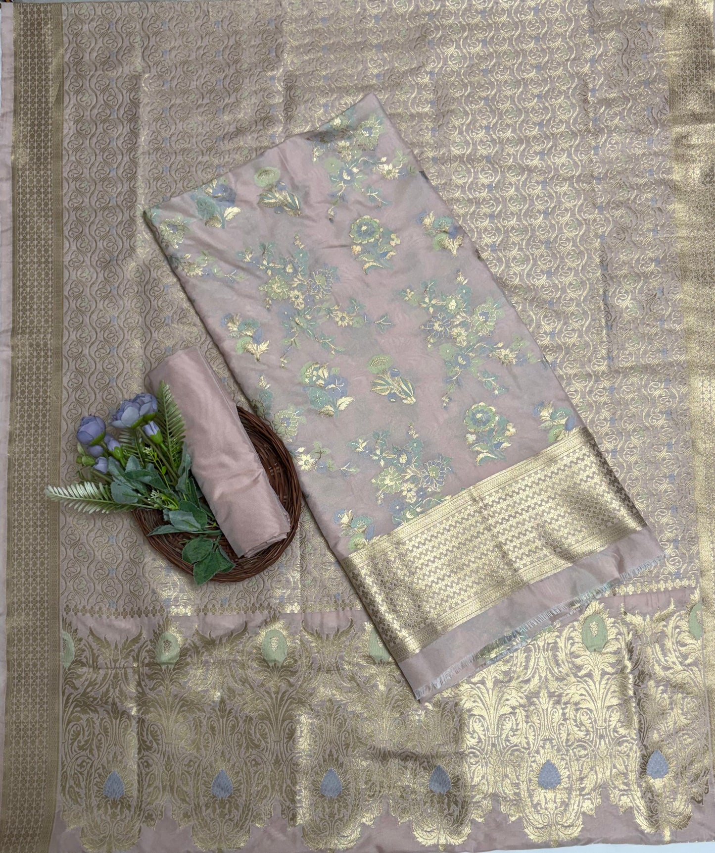 Banarasi Silk Light Peach Suit Fabric / Banarasi Baithak
