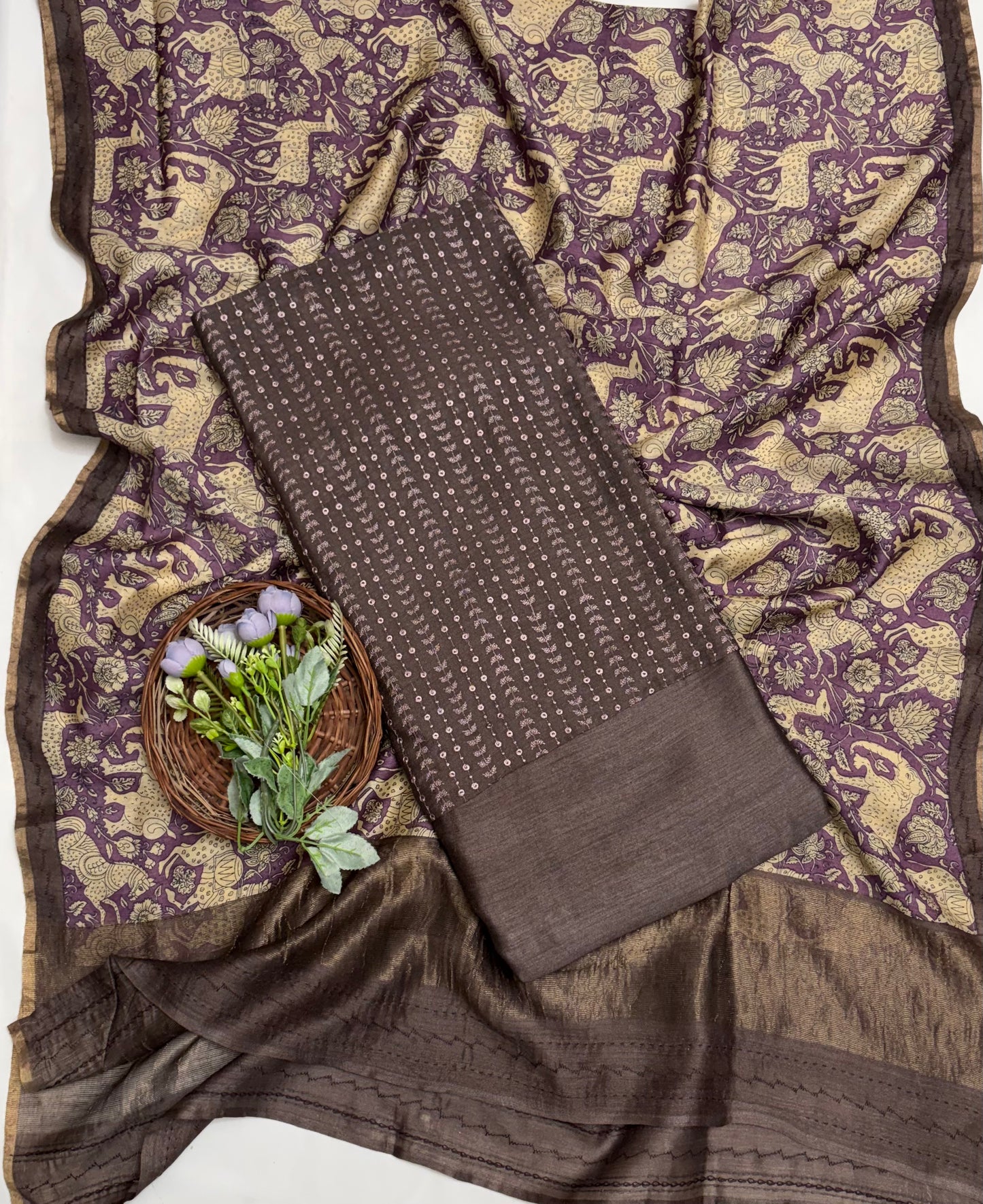 Pure Munga Silk Brown Suit Fabric / Banarasi Baithak