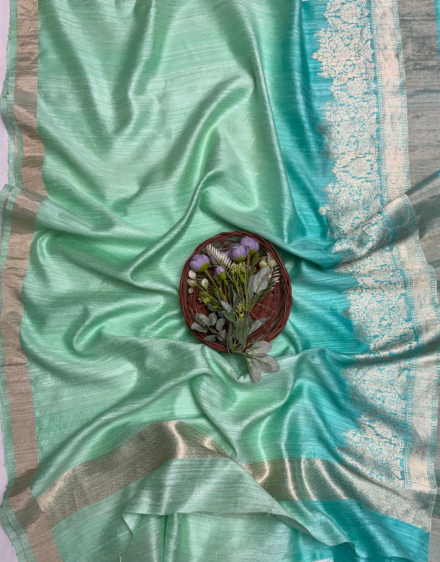 Pure Ghicha Silk Green With Sea Green Suit Fabric / Banarasi Baithak