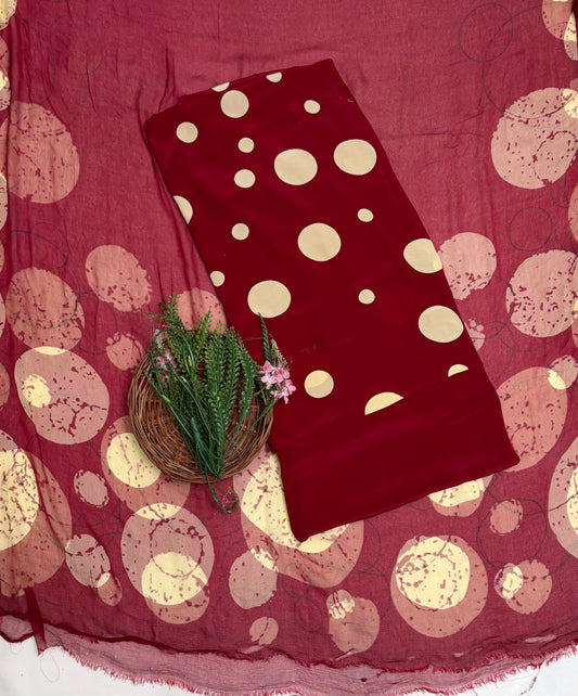 Crepe Polka Maroon Suit Fabric/ Polka Story