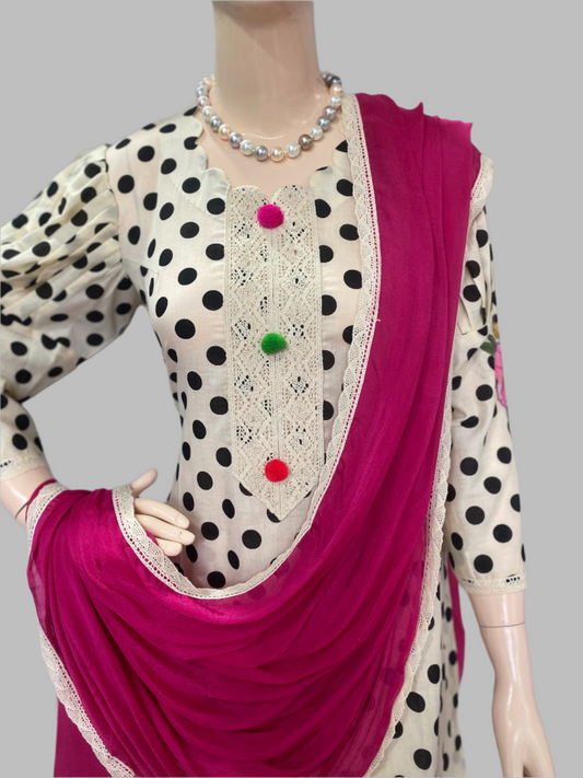 Cotton Cream With Black Stitched Suit / Polka Petals
