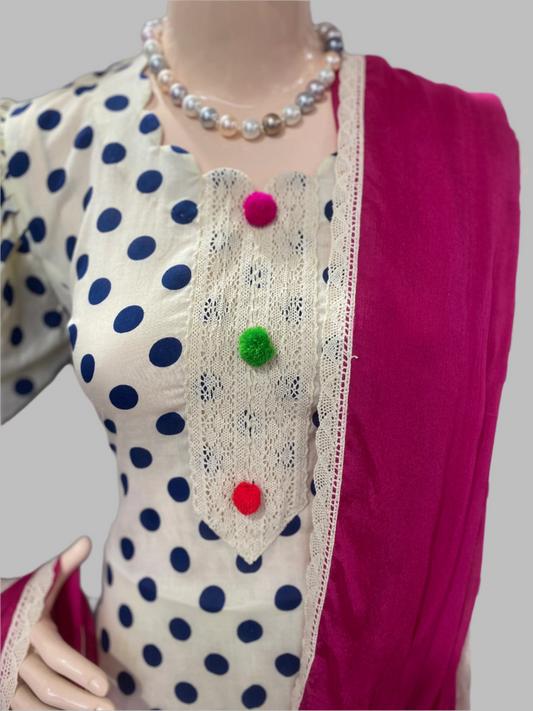 Cotton Cream With Navy Blue Stitched Suit / Polka Petals