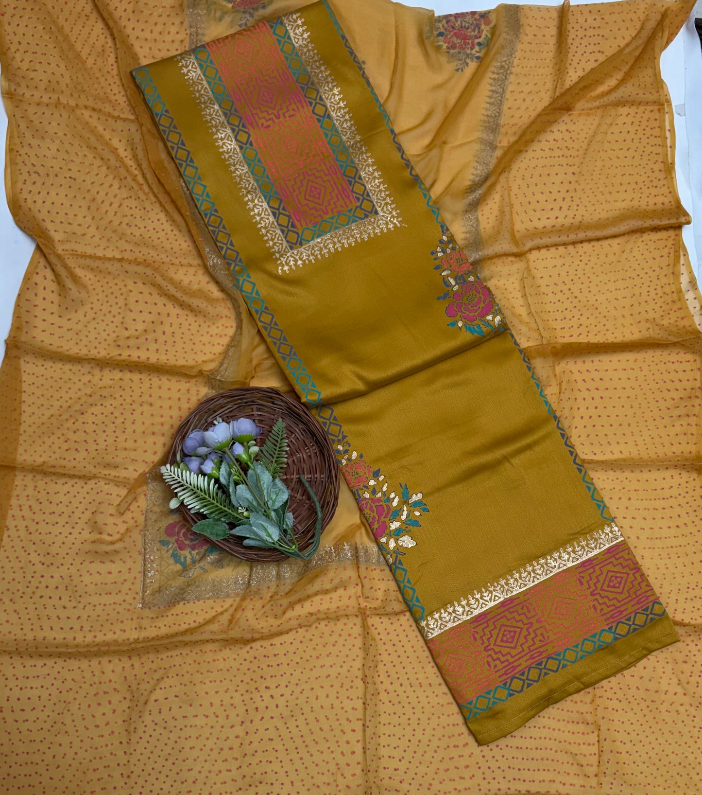 Cotton Dusty Mustard Suit Fabric / Block Printing Suits