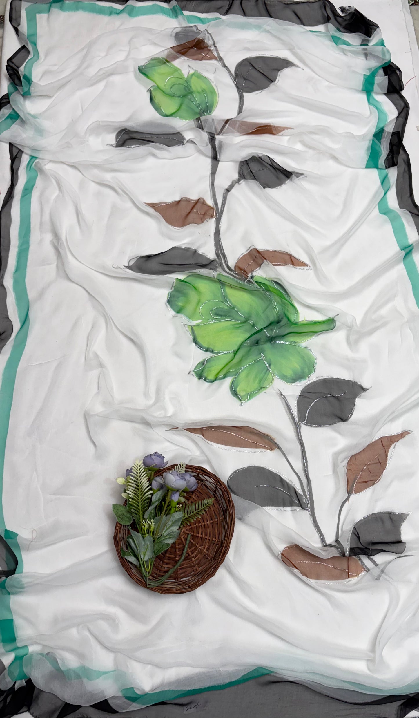 Georgette White With Green Suit Fabric / Hand Painted Suits
