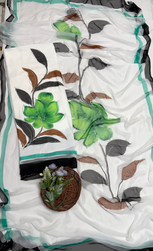 Georgette White With Green Suit Fabric / Hand Painted Suits