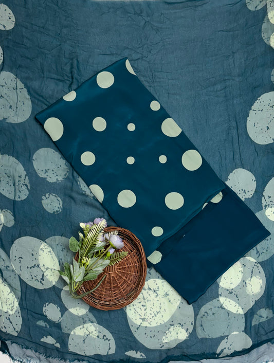 Crepe Polka Peacock Blue Suit Fabric/ Polka Story