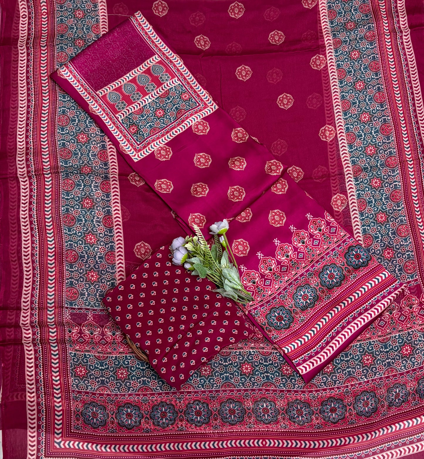 Satin Modal Burgundy Suit Fabric / Phoolon Ka Ghar