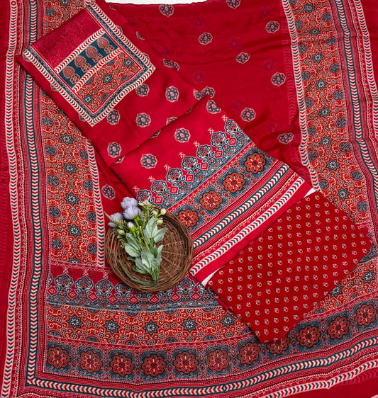 Satin Modal Red Suit Fabric / Phoolon Ka Ghar