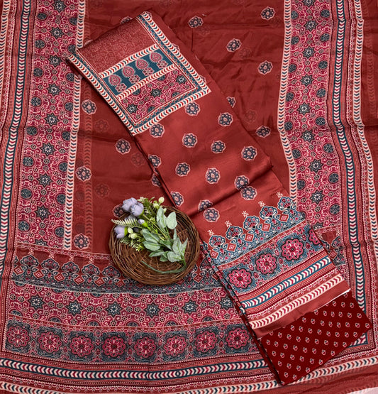 Satin Modal Burgundy Brown Suit Fabric / Phoolon Ka Ghar