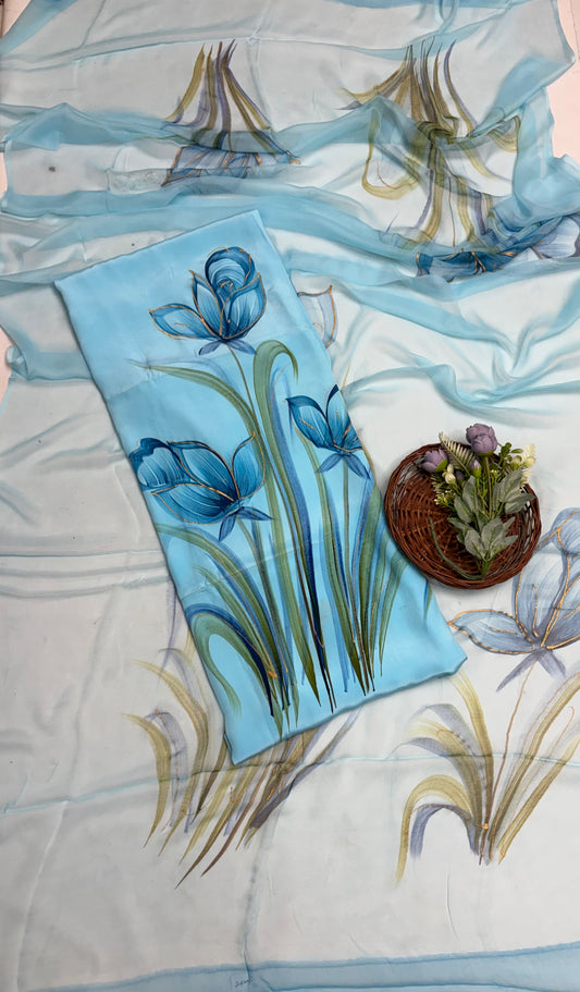 Crepe Blue Suit Fabric/ Hand Painted Suits