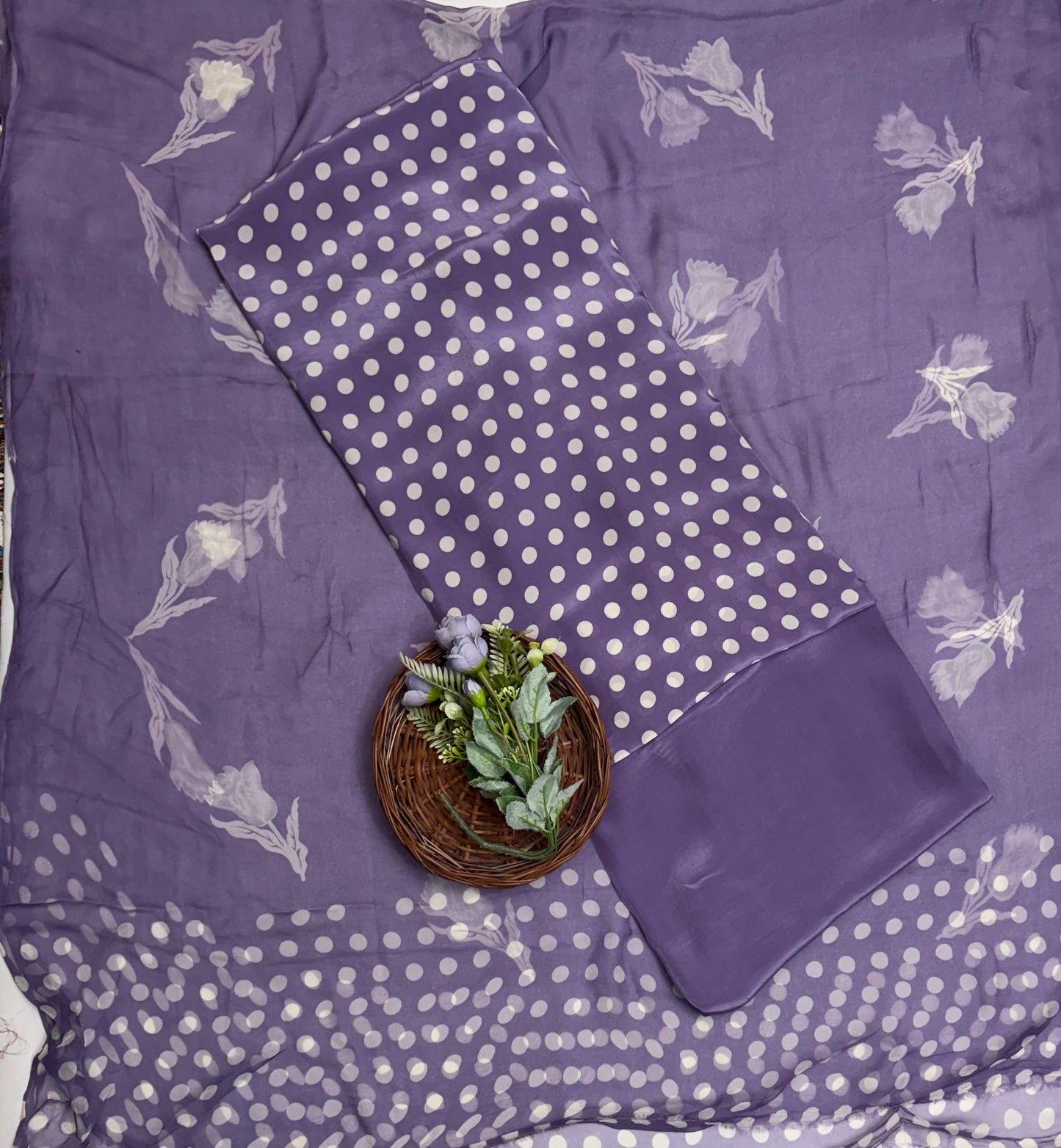 Crepe Polka Lilac Suit Fabric/ Polka Story