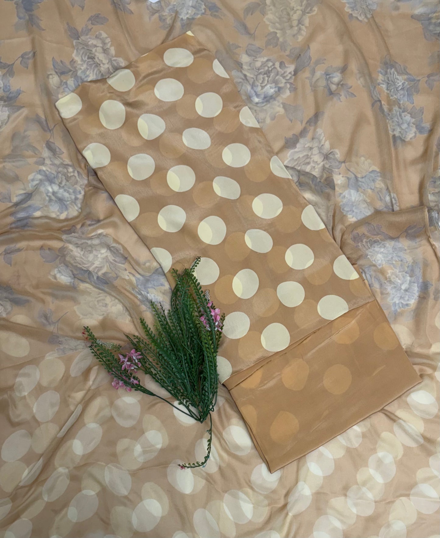 Crepe Polka Skin Beige Suit Fabric/ Polka Story