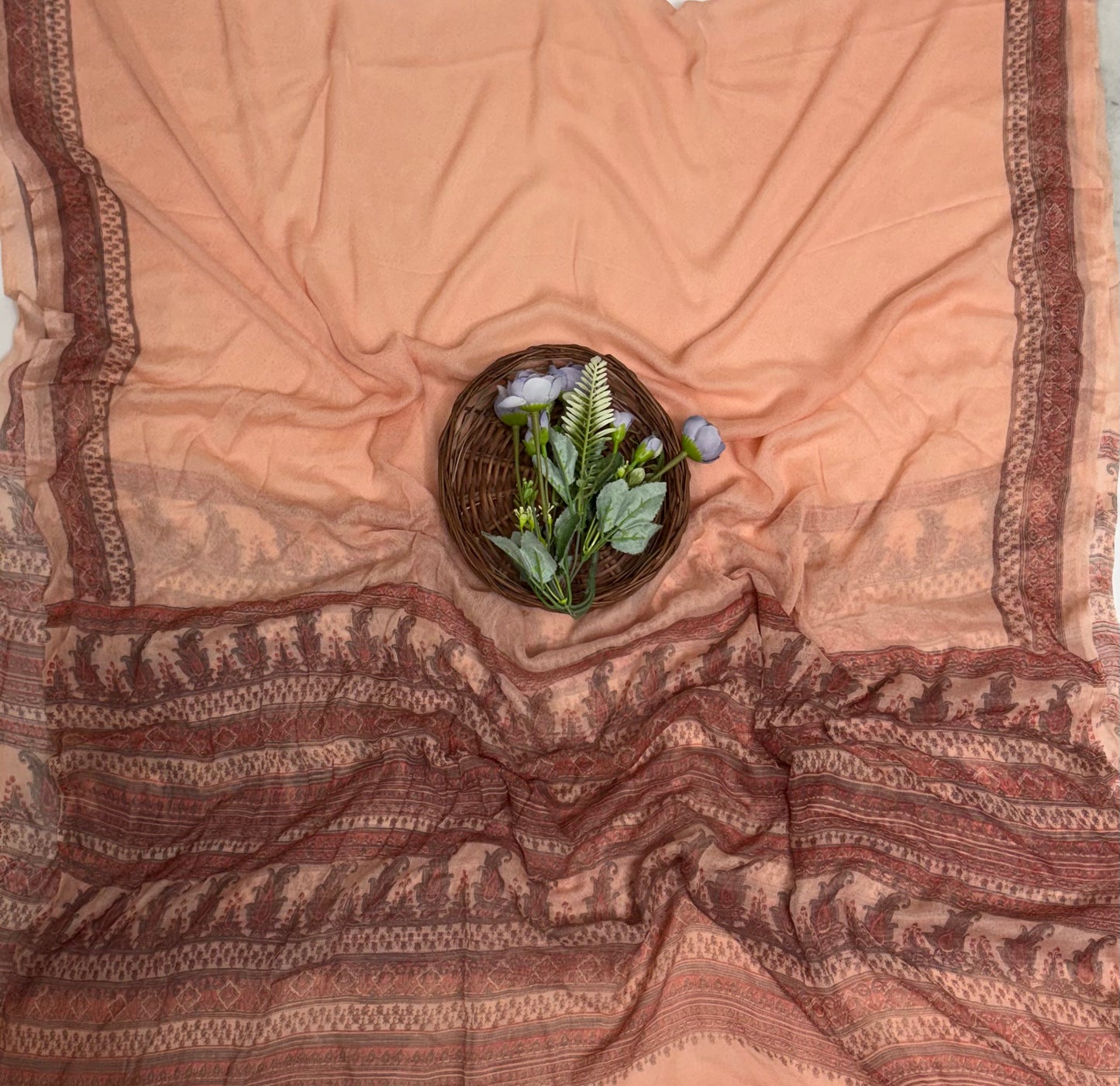 Crepe Peach Suit Fabric / Phoolon Ka Ghar
