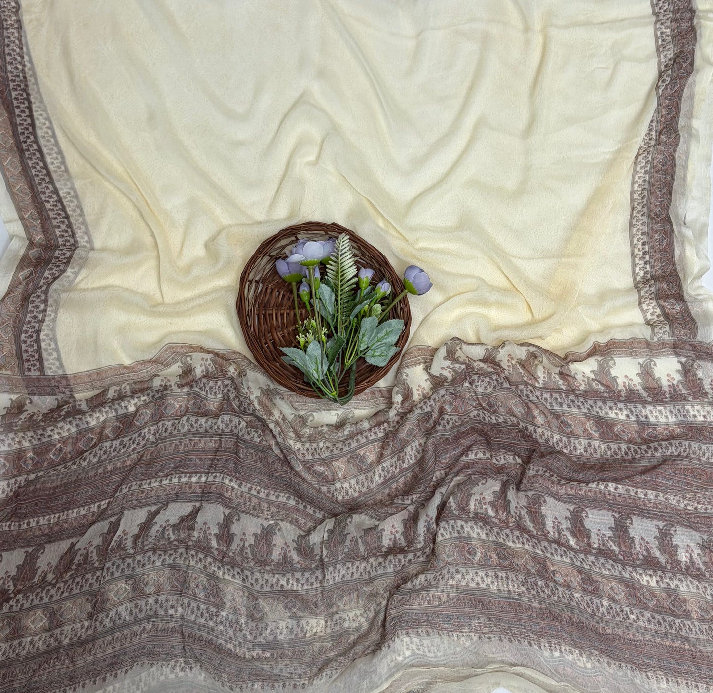 Crepe Cream Suit Fabric / Phoolon Ka Ghar
