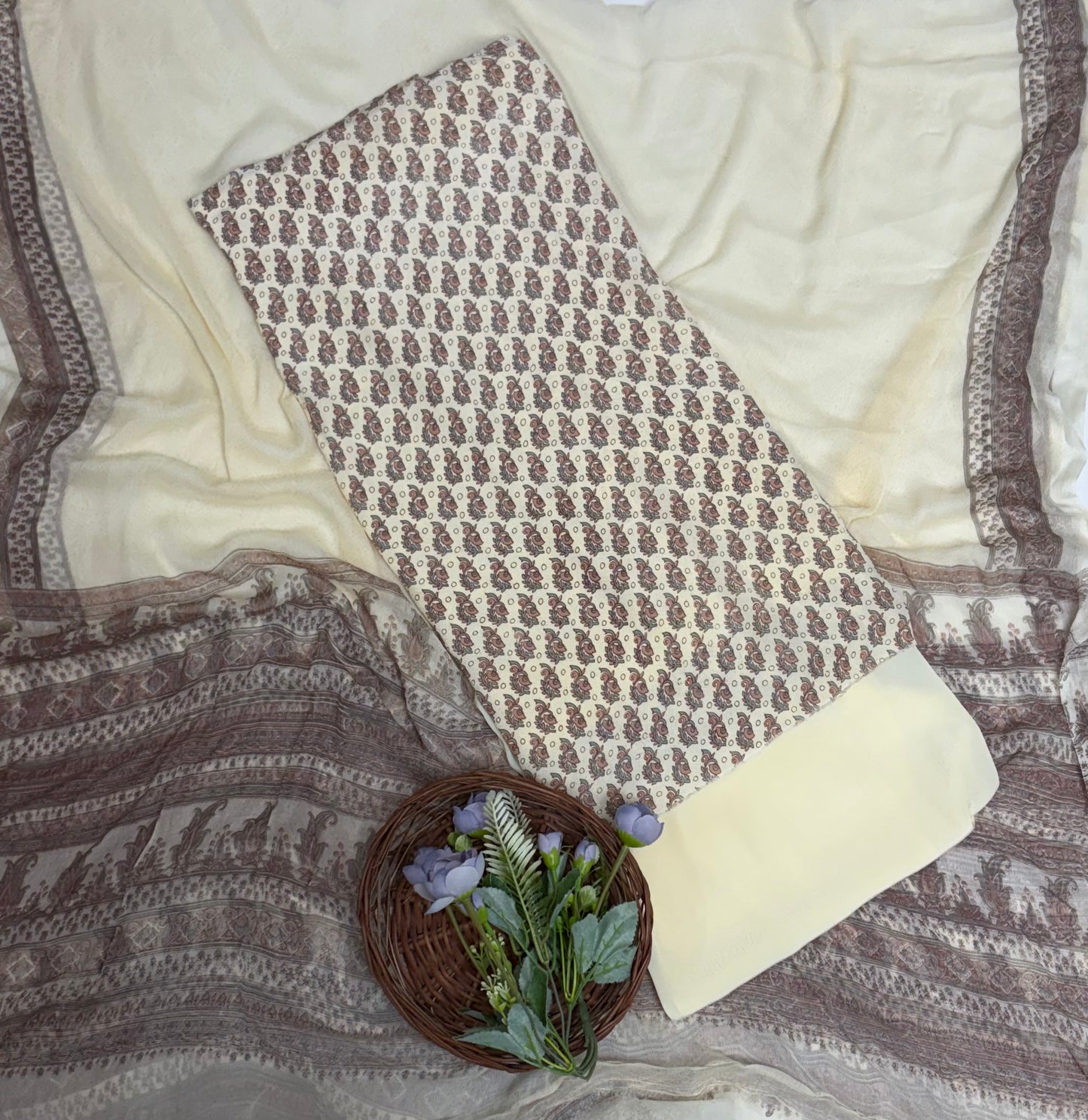 Crepe Cream Suit Fabric / Phoolon Ka Ghar