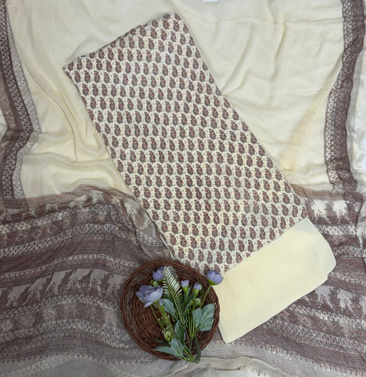 Crepe Cream Suit Fabric / Phoolon Ka Ghar