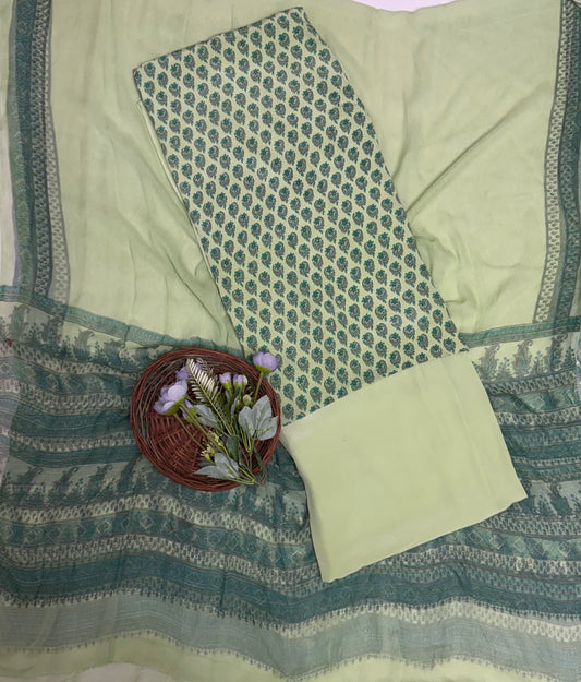 Crepe Light Green Suit Fabric / Phoolon Ka Ghar
