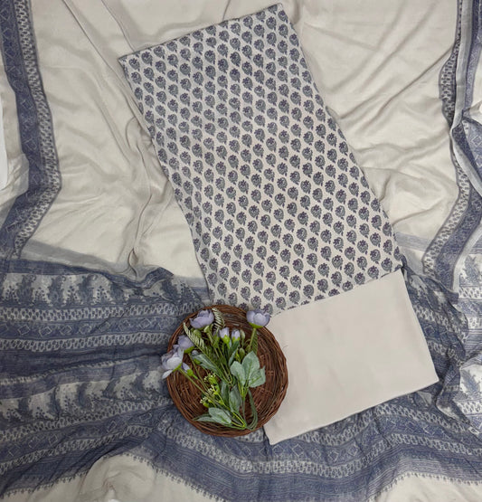Crepe Light Grey Suit Fabric / Phoolon Ka Ghar