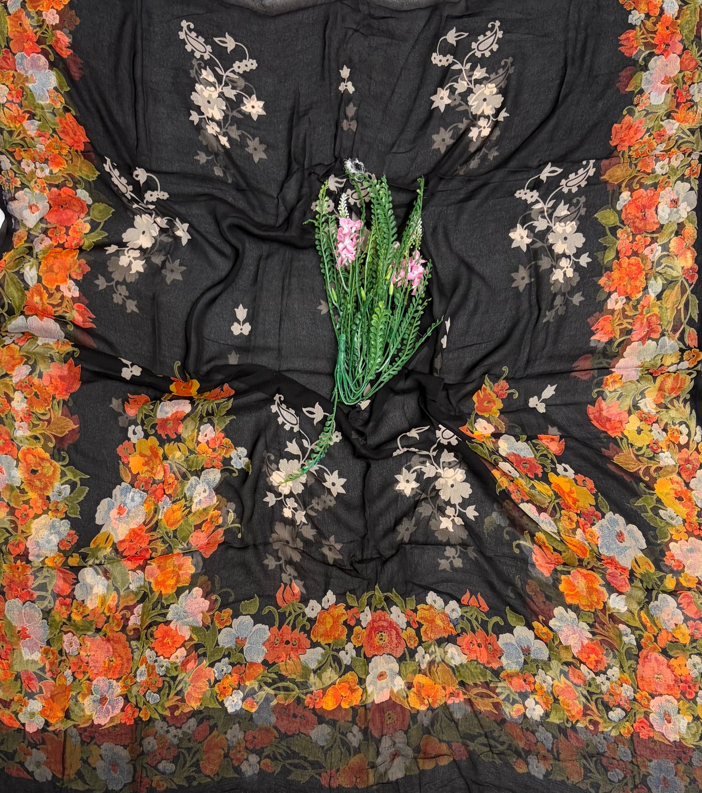 Chiffon Black Suit Fabric / Phoolon Ka Ghar