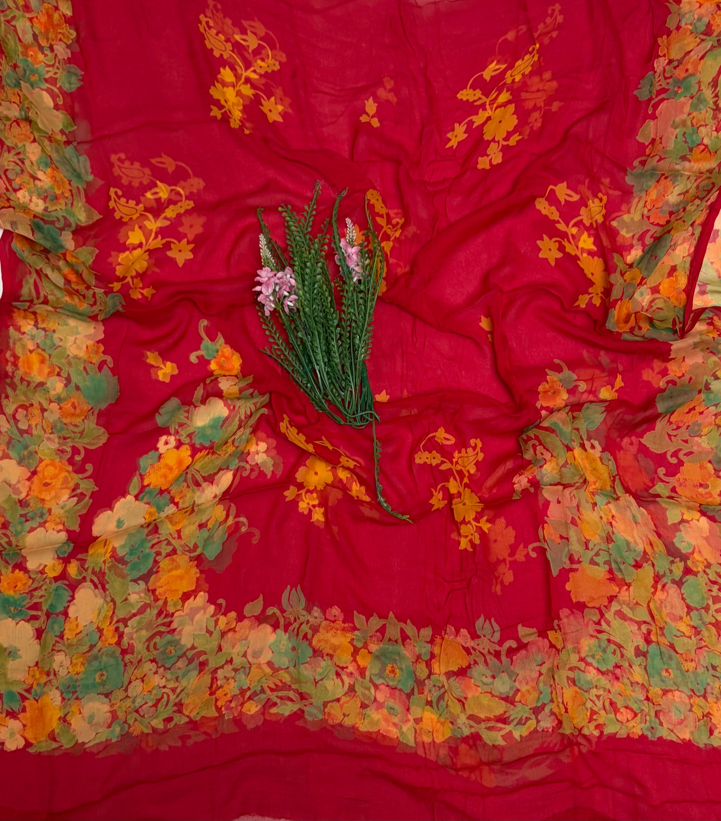Chiffon Red Suit Fabric / Phoolon Ka Ghar