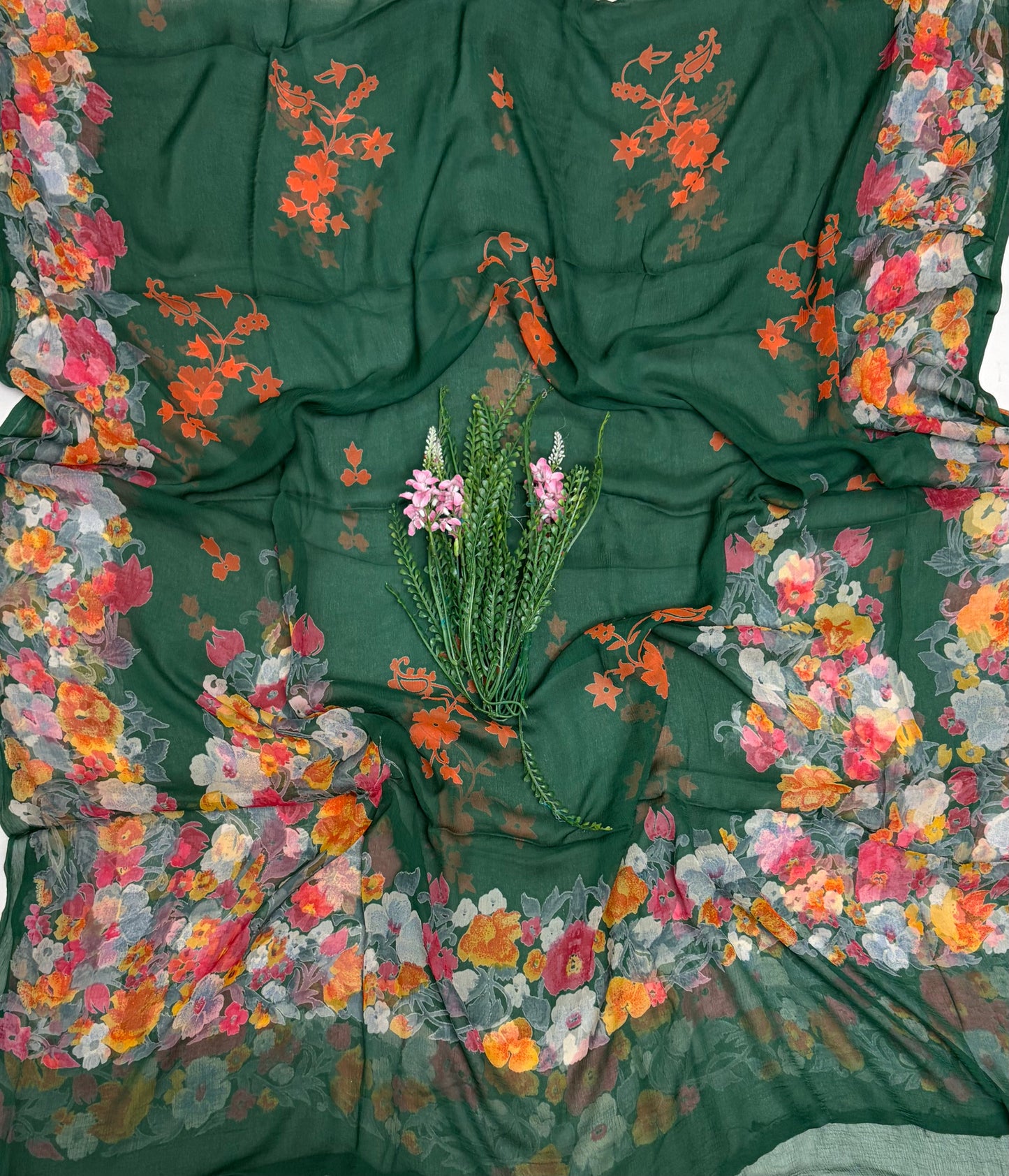 Chiffon Dark Green Suit Fabric / Phoolon Ka Ghar