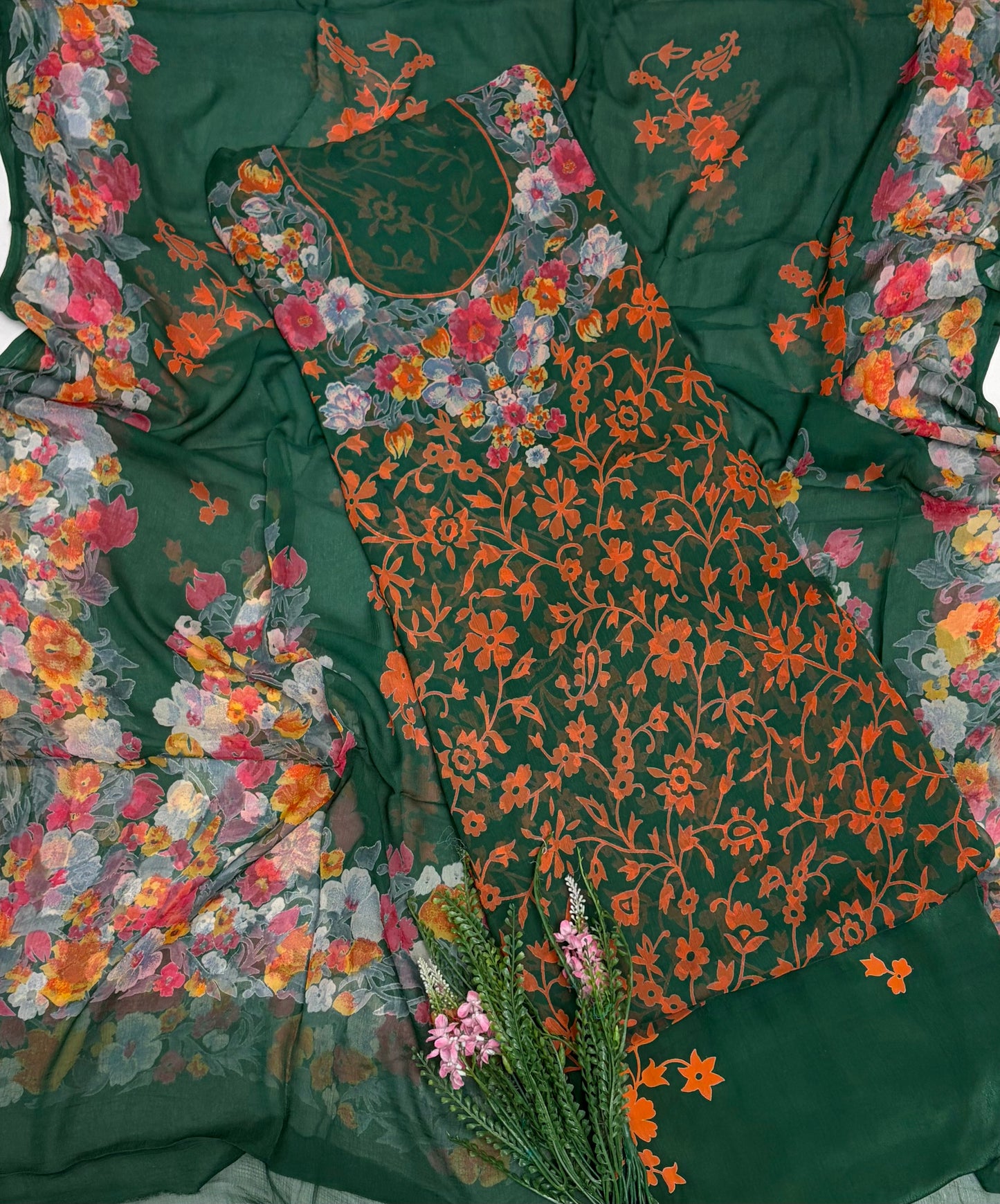 Chiffon Dark Green Suit Fabric / Phoolon Ka Ghar