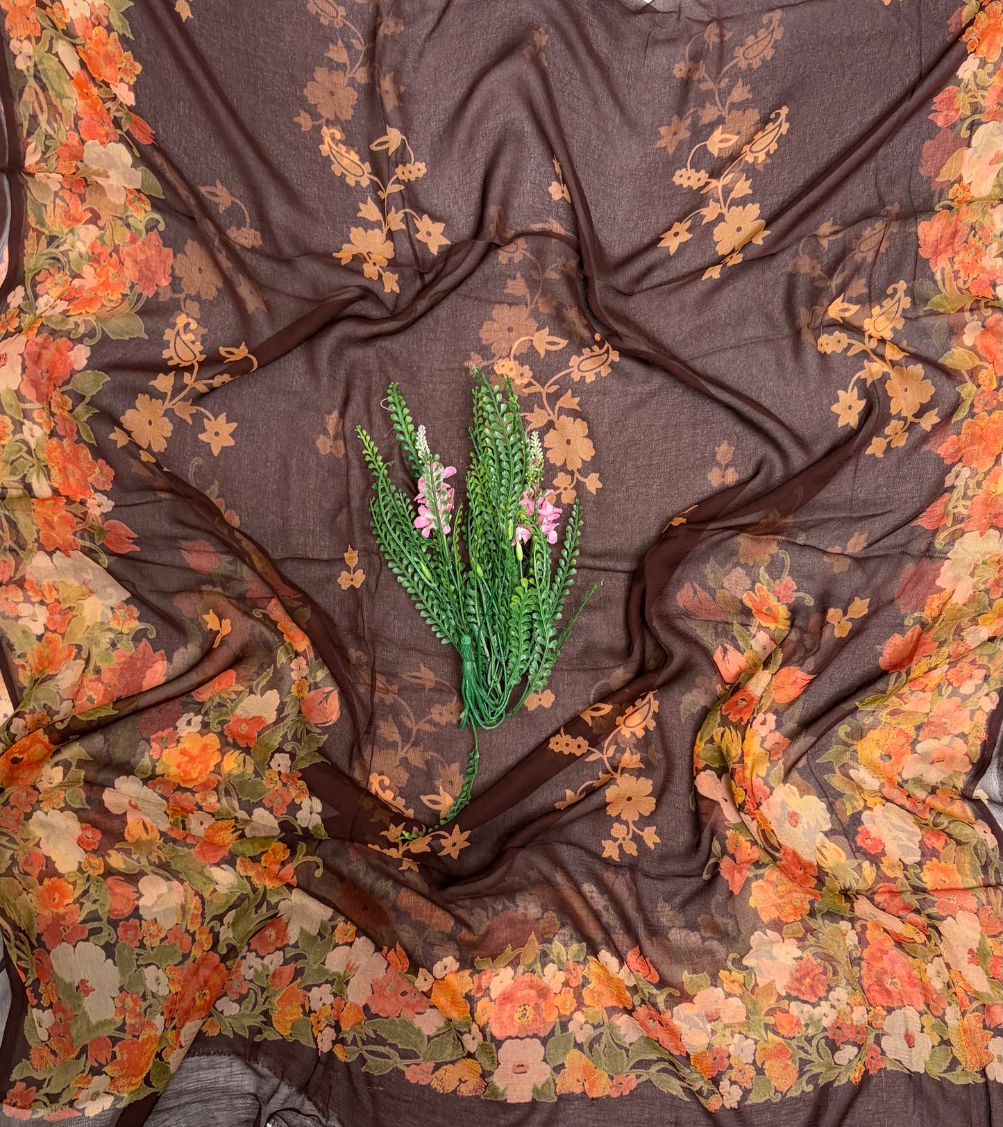 Chiffon Brown Suit Fabric / Phoolon Ka Ghar