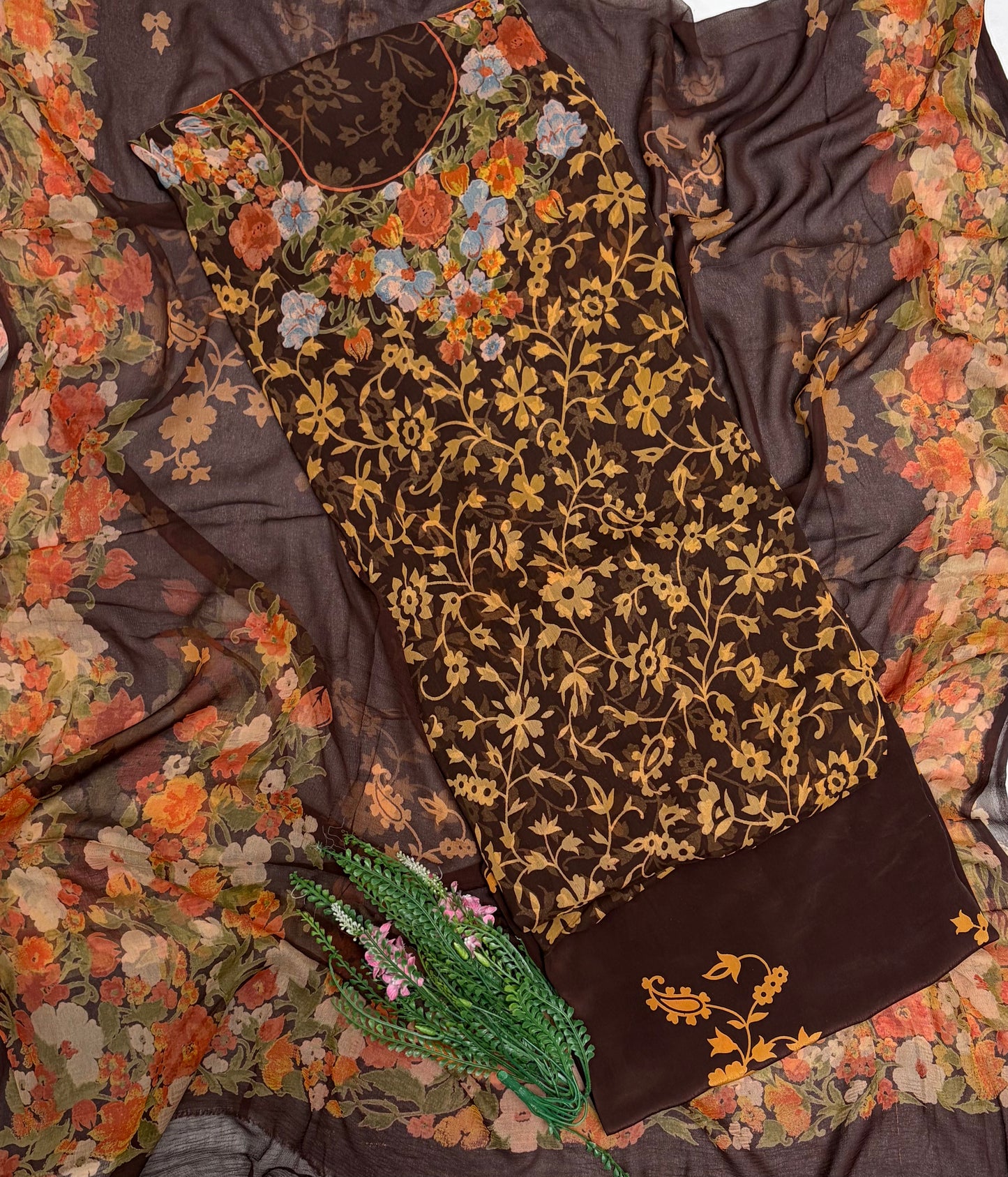 Chiffon Brown Suit Fabric / Phoolon Ka Ghar