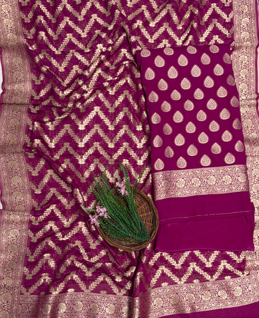 Banarasi Khaddi Georgette Wine Suit Fabric / Banarasi Baithak