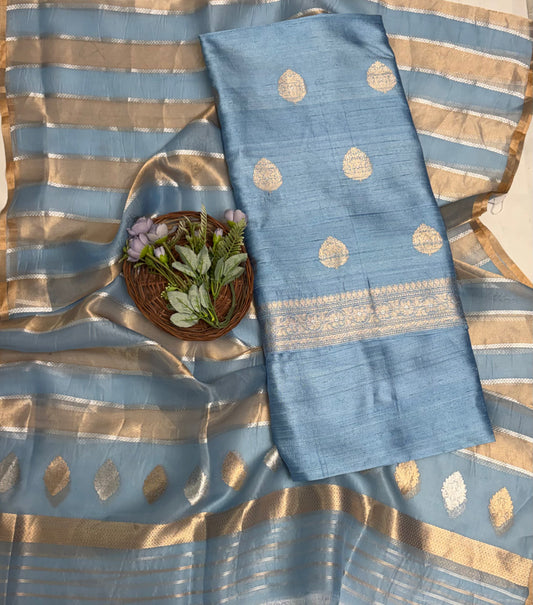 Pure Raw Silk Ice Blue Suit Fabric / Banarasi Baithak