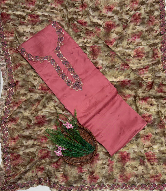 Satin Organza Carrot Pink Suit Fabric / Partywear Collection