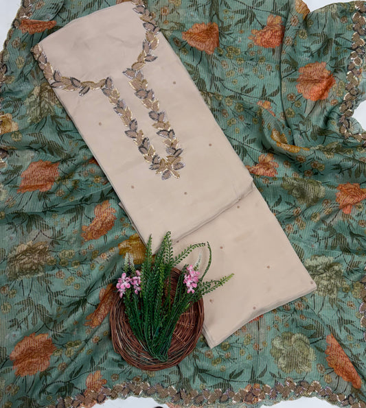 Satin Organza Cream Suit Fabric / Partywear Collection