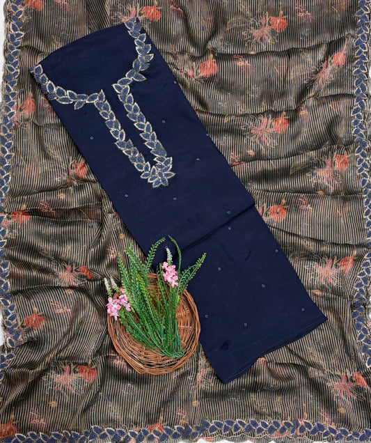 Satin Organza Navy Blue Suit Fabric / Partywear Collection