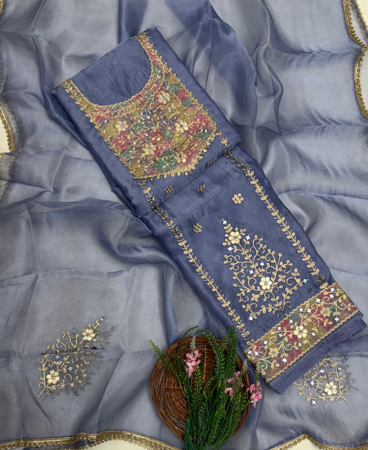 Shimmer Organza Calico Blue Suit Fabric / Partywear Collection