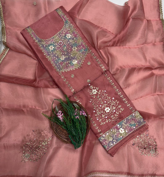 Shimmer Organza Carrot Pink Suit Fabric / Partywear Collection