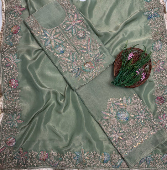 Shimmer Organza Celadon Green Suit Fabric / Partywear Collection