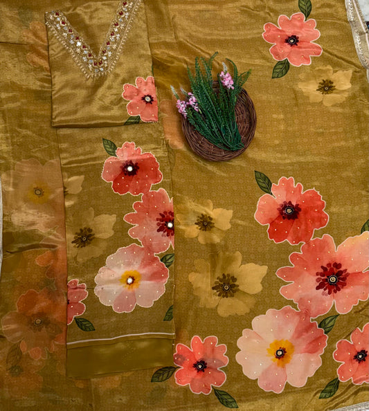 Satin Organza Mustard Suit Fabric / Partywear Collection