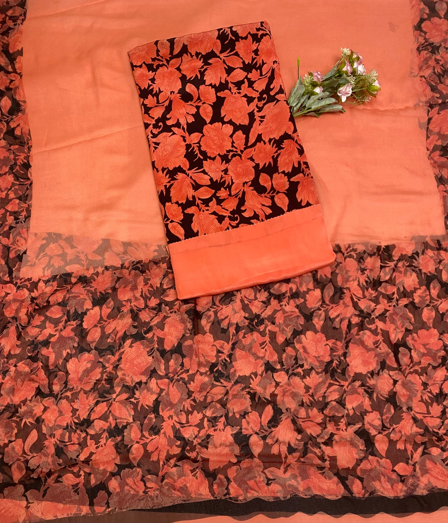 Crepe Orange With Black Suit Fabric / Phoolon Ka Ghar